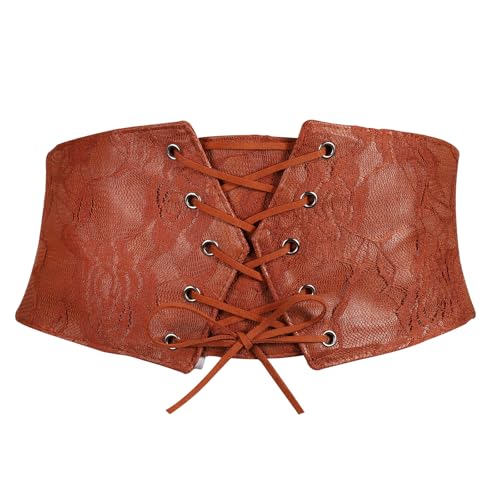 Women Waist Belt, Brown Corset Belt Elastic Lace Overlay Waspie Belt Waist Cinch Belt Pirate Corset Lace up Cinch