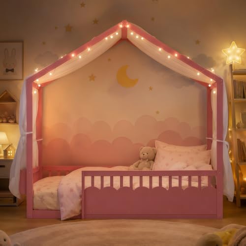 Image of Bellemave Twin House BedFrame with Canopy, Montessori House Bed with LED and Bookshelf and Rails for Kids, Pink