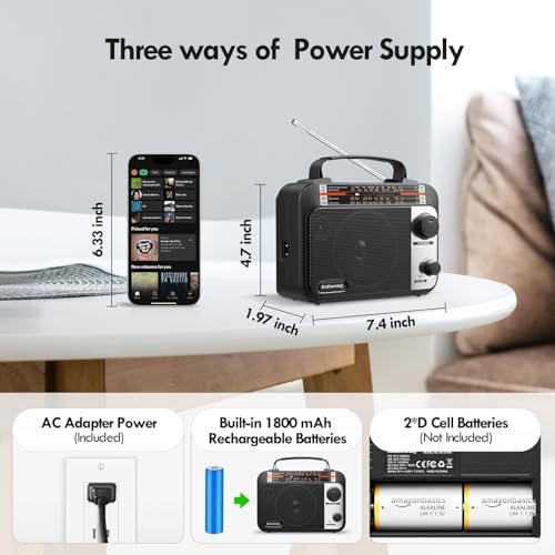 Image of Multi-Band AM /FM /SW1-2 Radio Transistor Radio AC or Battery Operated with Best Reception Big Speaker and Precise Tuning Knob with AUX in & 3.5mm Earphone Jack