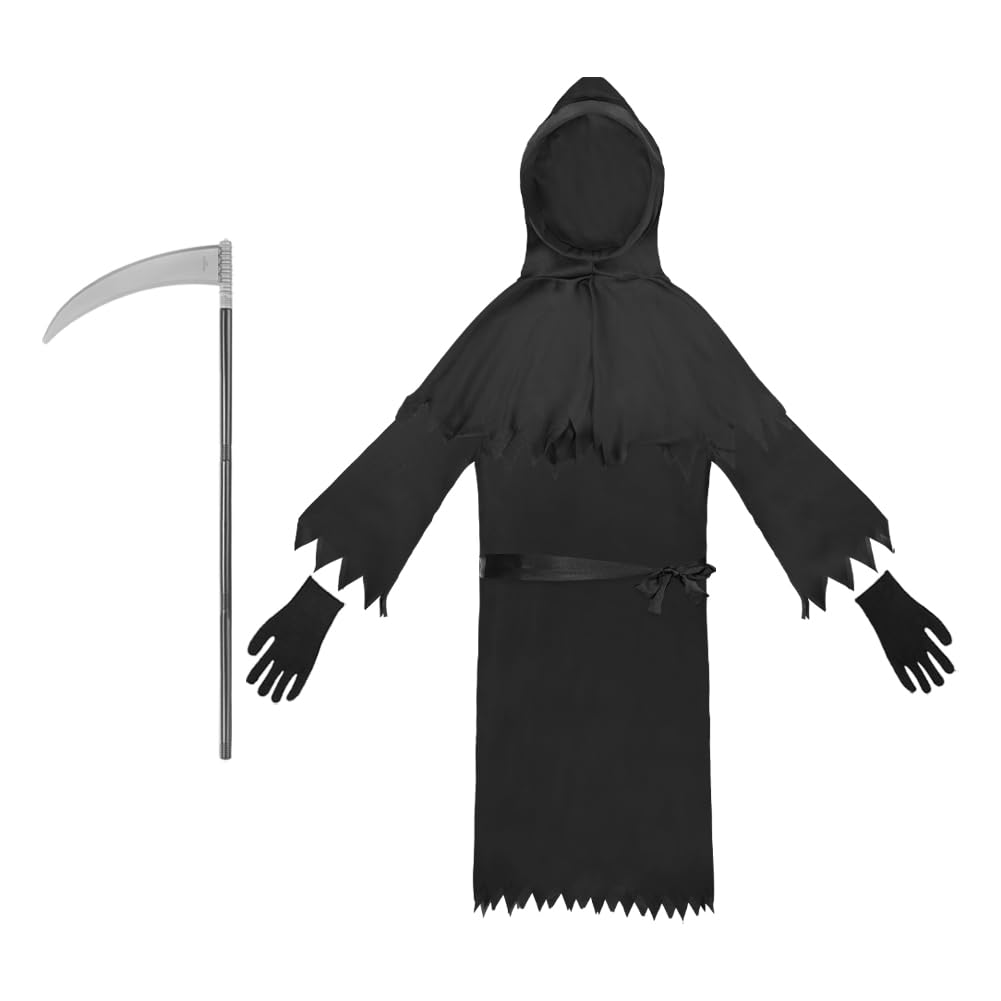 4 PCS Grim Reaper Costume Halloween Hooded Cloak Hoodies Robe Scythe Gloves Set Halloween Costume Fancy Dress Vampire Cloak Wizard Cape Long Cape Cosplay Costume Death Eater Ghost Costume for Adult - Image 3
