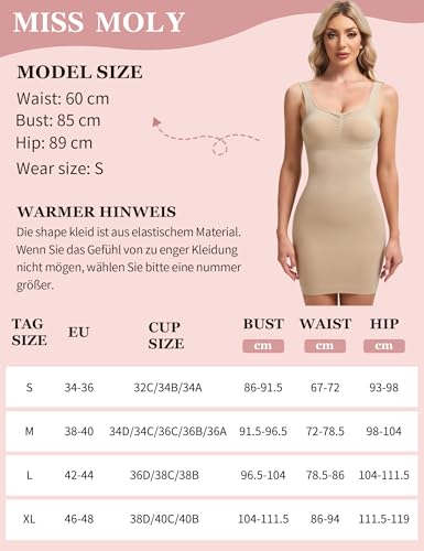 MISS MOLY Shapewear Damen Kleid Nahtlose Shape Miederkleid Bauch Weg Unterkleider für Damen Figurformende Unterröcke Tummy Control Full Slips mit BH (Beige,XL)