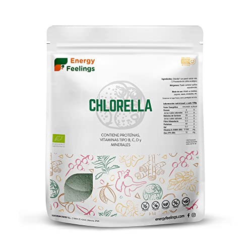 Energy Feelings Chlorella Ecológica - 1000 g, Chlorella Vegana, 60% de Proteína, Rica en Vitaminas y Minerales, Efecto Desintoxicante, Sin Lactosa, Sin Gluten y Sin Azúcar Añadido