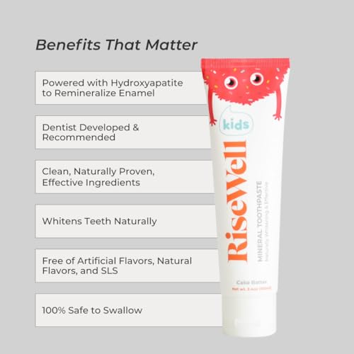 risewell kids mineral toothpaste - kids hydroxyapatite toothpaste - made by dentists safe to swallow no added fluoride and all natural - cake batter flavor 34 oz