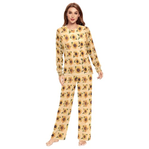 Conjunto de pijama vintage de 2 piezas para mujer, diseño de girasol, pantalones de pijama cómodos para hombre, Melocotón vintage de girasol, M