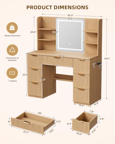Image of LIVELYGLOW 43 inch Large Natural Wood Makeup Vanity Desk with Charging Station | Fluted Design, Smart LED Mirror, Hairdryer Holder, 7 Drawers
