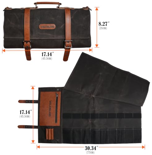 WELKINLAND 13-Pocket Knife Roll, Waxed-Canvas Leather Knife Roll Bag, Heavy-Duty Chef Knife Roll Bag, WaterProof Knife Wrap Roll, Portable Chef Knife Roll Up, Chef Knife Bags And Rolls by WELKINLAND - Image 9