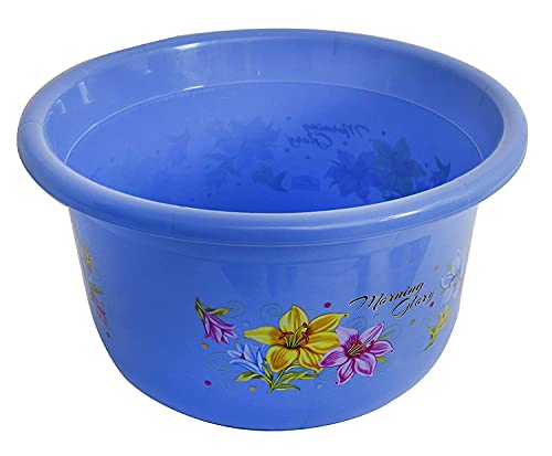 Image of Kuber Industries Printed 2 Pieces Plastic Bathroom Tub & Stool Set (Blue)