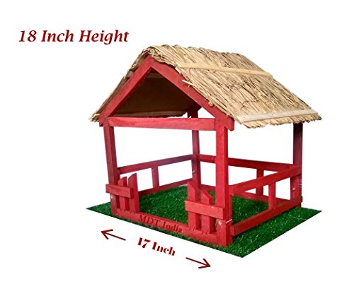 Holy Crib House 18 Inch with 2 X 1.5 Feet Green Floor Mat Christmas Xmas Decor Foldable Wooden Crib