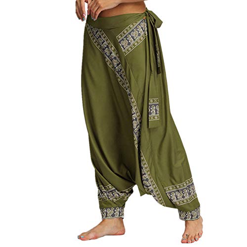 Fansu Women's Bohemian Pants, Thai Floral Baggy Harem Pants Yoga Printed Hippy Smocked Waist Hippie Trousers for Pilates (One Size,Green)