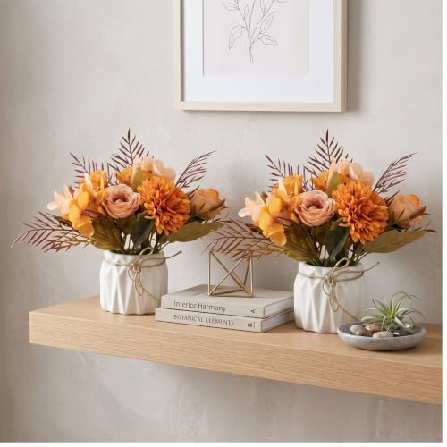 Image of Dekorly Artificial Lavender Plant in White Pot, 18cm - Realistic Faux Flower Arrangement for Home & Office Decor (Set of 1) (2, Orange Chryshydra Flower)