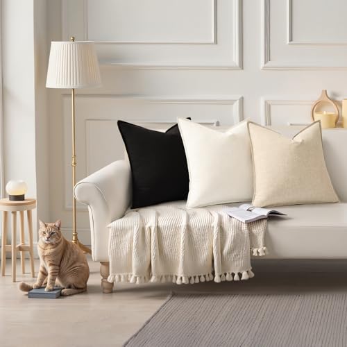 Image of decorUhome Decorative Linen Throw Pillow Covers 16x16 Inch Set of 2 Black Pillow Covers with Flange Edges Soft Farmhouse Boho Accent Pillow Cases for Couch Bed Living Room