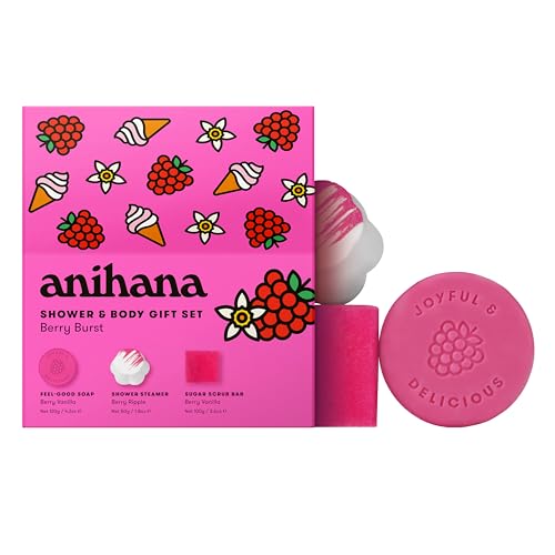 Image of ANIHANA Berry Burst Shower & Body Gift Set with Shower Steamer, Body Scrub Bar, and Feel-Good Soap