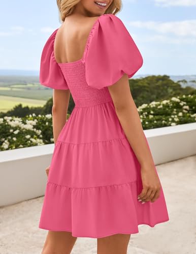 Image of ZESICA Women's Boho 2026 Summer Square Neck Puff Sleeve Off Shoulder Smocked Tiered Casual A Line Short Mini Dress