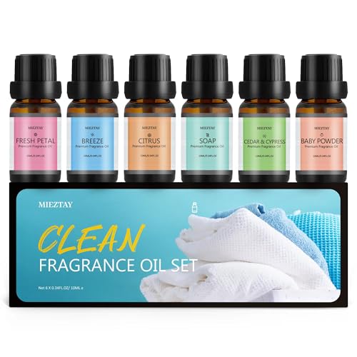 Image of Clean Essential Oils Set - 6x10ML Fragrance Oil for Diffuser, Aromatherapy, Candle & Soap Making - Fresh Petal, Breeze, Citrus, Soap, Cedar&Cypress, Baby Powder Aromatherapy Essential Oil Kit (10mL)