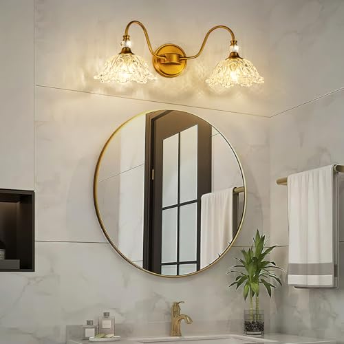 Image of Vintage Bathroom Vanity Light, 2-Light Matte Brass Finish Vanity Light with Floral Clear Glass Shades, Retro Wall Sconce for Bathroom, Dressing Table