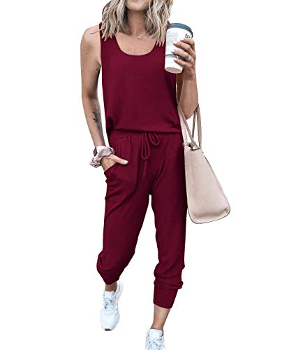 PRETTYGARDEN Womens Two Piece Outfit Sleeveless Crewneck Tops With Sweatpants Active Tracksuit Lounge Wear With Pockets (Wine Red, Medium)