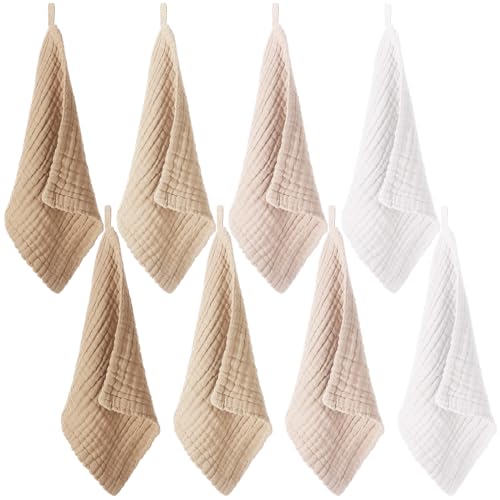 Image of SmoothNovelty 8 Pcs Baby Washcloths for Newborn 12 x 12 Inch Muslin Face Towels Cotton Absorbent for Delicate Skin Soft Muslin Cloth Reusable Baby Registry as Shower Gift, 4 Colors (Light Color)