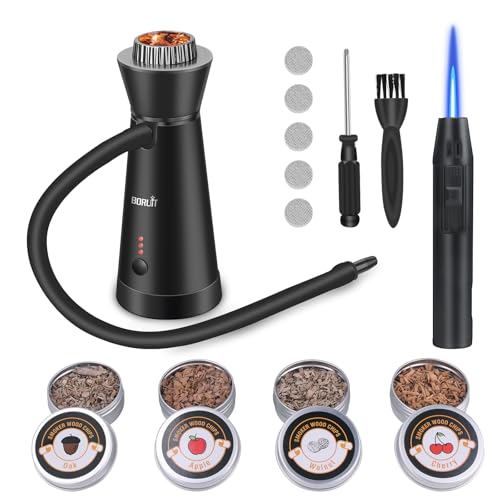 BORUiT SK301B Rauchpistole mit Feuerzeug (kein Butan), Smoke Gun Aluminiumlegierung Raucher Infuser mit 4-Pack Holzchips, Handrauchpistole für Küche, Fleisch, Lachs, Cocktails, Käse, Grill