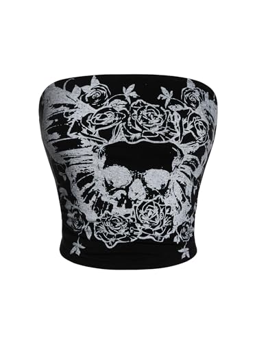 SOLY HUX Women's Y2k Goth Tube Crop Top Skull Print Strapless Sleeveless Bandeau Tops