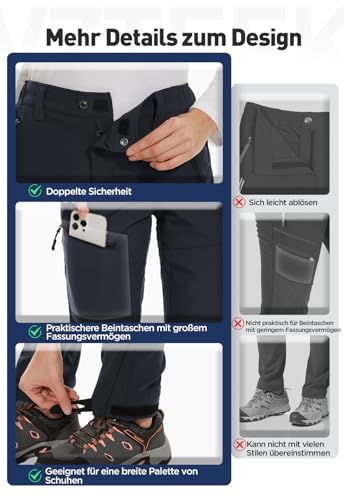 Vzteek Damen-Wanderhose-Thermohose-Skihose-Schneehose-Softshellhose-Wasserdicht Winter Warm Gefüttert Arbeitshosen Regenhose Trekkinghose Outdoor Hosen für Damen Cargohose (Navy,L)