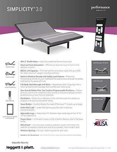 Adjustables By Leggett & Platt Simplicity 3.0 Adjustable Bed Base, Wireless, Massage, Zero-Gravity, Night-Light, Twin, X-Large #TOP1