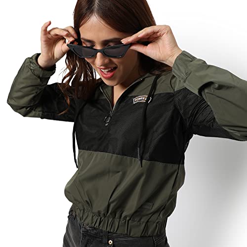 Image of Campus Sutra Women Olive Green & Black Puffer Regular Fit Bomber Jacket For Winter Wear | Standing Collar | Full Sleeve | Zipper | Casual Jacket For Woman & Girl | Western Stylish Jacket For Women