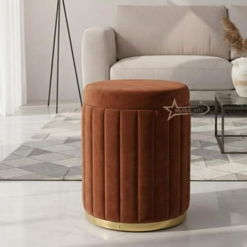 Image of Round Strip Stool with Cushion Foot Rest Office Stool Pouf Ottoman Padded Seat in Living Room (Coffee)