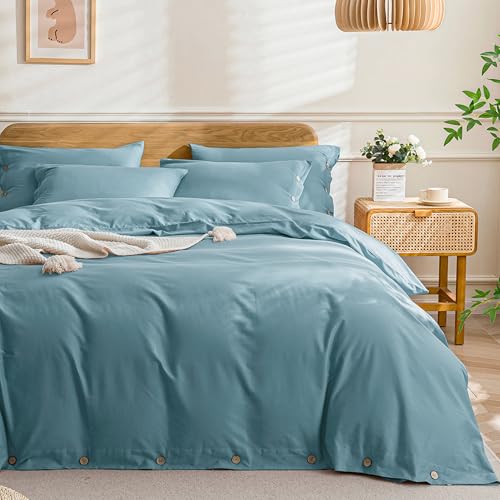 Image of JELLYMONI Cotton Duvet Cover Queen Size - Grayish Blue Comforter Cover with Button 100% Washed Cotton 3PCS Breathable Soft Solid Bedding Set Duvet Cover 90x90in & 2 Pillowcases (NO Comforter)