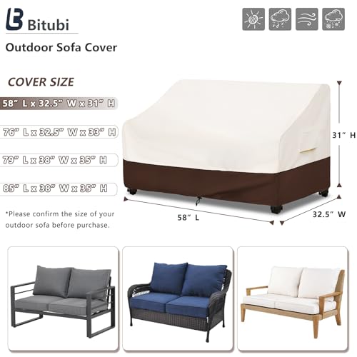 Image of Bitubi Waterproof Patio Sofa Cover, Heavy Duty 2-Seater Outdoor Couch Cover Size Up to 58W x 32.5D x 31H Inches, Lawn Patio Furniture Covers with Air Vent (Brown)