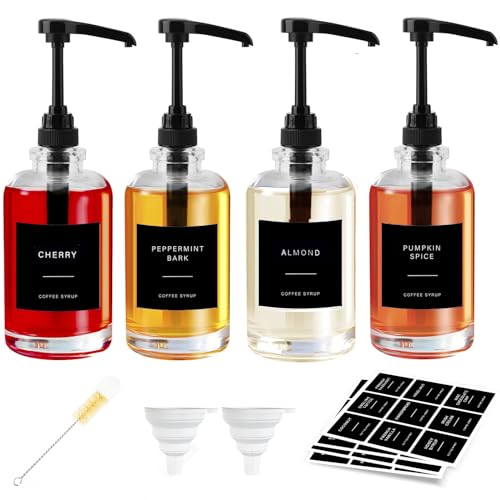 MUVEKA Coffee Syrup Dispenser for Coffee Bar, Glass Syrup Dispenser with Pump, Coffee Syrup Pump Dispenser Bottle for Coffee Station, Coffee Bar Organizer, Black,16.9 oz, 500 ml
