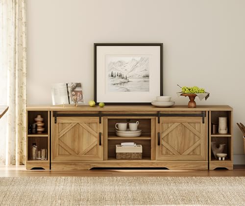 Image of WAMPAT Farmhouse TV Stand for 85-95 inch TV with Distressed Wood Finish