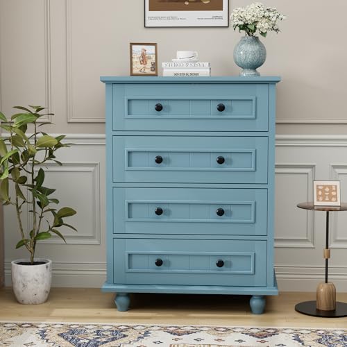 Image of 4 Drawer Dresser for Bedroom, 35'' Tall Storage Chest of Drawers, Blue