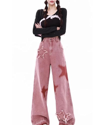 xxxiticat Women's Pink Baggy Jeans High Waisted Five-Pointed Star Embroidery Vintage Loose Raw Hem Wide Leg Denim Pants4