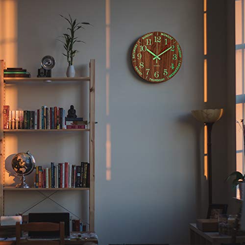 Night Light Wall Clock, Time of Day & Day of The Week Glow in Dark Luminous Wall Clock, Silent Battery Operated Elderly Retirement Analog Wall Clock for Living Room, Bedroom, Kitchen - 12 Inch