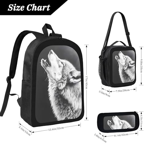 Howling Moon Wolf Grey 3 Pcs 17 Inches Backpack Set with Insulated Lunch Bag And Pencil Pouch Large Back Pack for Men Women Lunchbox Pencil Case Waterproof Backpacks Lunch Box 3 Piece Daypacks4