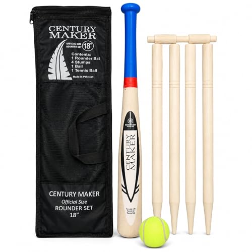 Almineez Rounders Set for Kids and Adults - 6 Piece Outdoor Garden Sports Kit with Lightweight 18 Inch Wooden Rounders Bat 4 Stumps Tennis Ball Bail and Mesh Carry Storage Bag