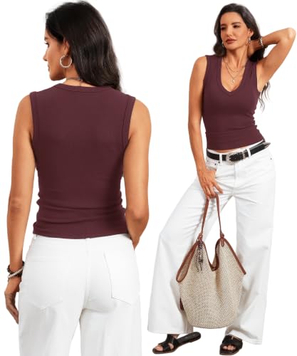 Image of Prettywear Deep V Neck Tank Tops for Women Ribbed Sleeveless Summer Top