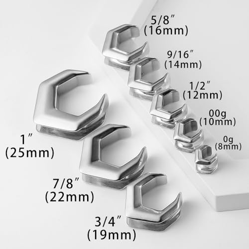 LADEMAYH Hexagon Design Stainless Steel Plugs Gauges for Ears, Trendy Saddle Gauges Earrings for Men & Women, Hypoallergenic & Comfy Ear Tunnels Body Jewelry (2pcs Silver, 12mm=1/2in) by LADEMAYH - Used condition - Image 6
