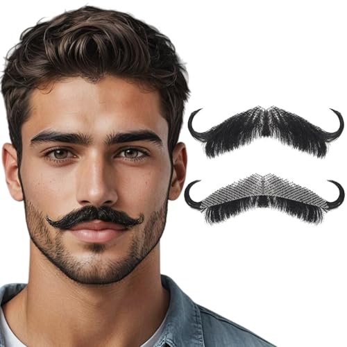 Krfapt Fake Mustache Realistic Handlebar Style - 100% Human Hair with Lace Front for Easy Stick On Masquerade Party Performance Halloween Costume Cosplay for Men & Women (Black)