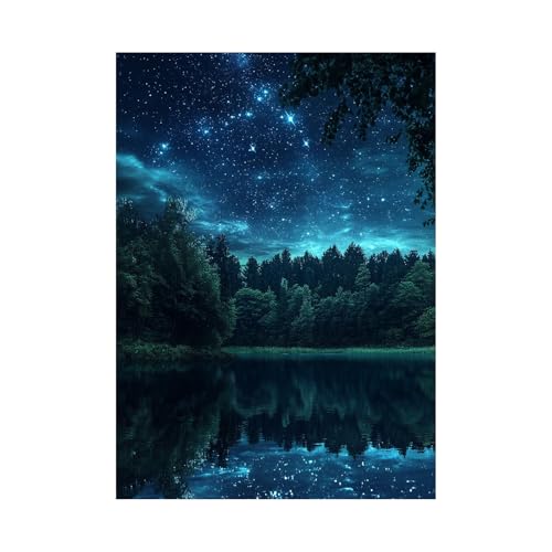 WUFIEA Lienzo Cuadros murales Sala de Estar Paisaje Noche en el Lago Estrellado decoración moderna del hogar, oficina, baño（Azul-20x30cm Sin marco