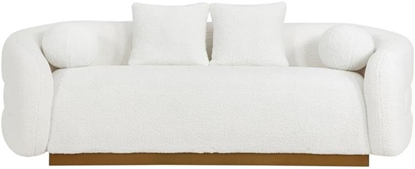 Pemberly Row Sherpa Fabric Sofa, White Upholstery, Gold Finish Solid Wood Base, 4 Matching Pillows, Foam Over Pocket Coils, Modern Living Room Seating, Attached Cushions, 71 in Width, Assembly