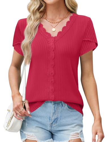 JUSTFASHIONNOW Blouses for Women Dressy Casual Petal Short Sleeve Business Work Tops Ladies Lace V Neck Summer Trendy Shirts - Main Image