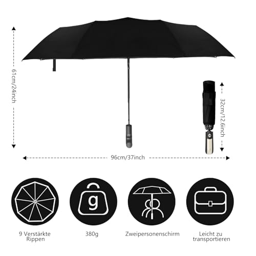 Chic Defend Regenschirm Sturmfest für Regen Automatik Taschenschirm mit 9 Rippen Faltbar Kompakte Reise Umbrella mit Schirmtasche für Herren und Damen, Leicht & Kompakt (Schwarz)