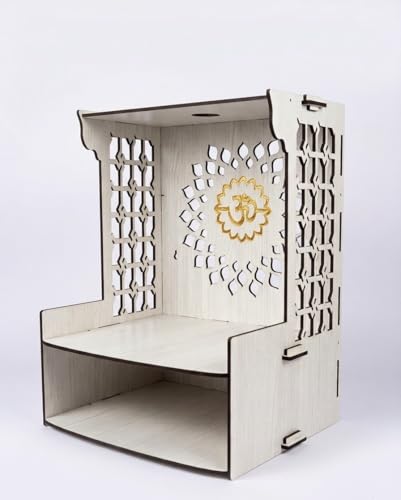 Image of Beautiful White Wooden Pooja Stand for Home, Temple, Office, Wall Mounted Puja Mandir with LED Spot Light Size (L- 29 CM, W- 25 CM, H - 37.5 CM)