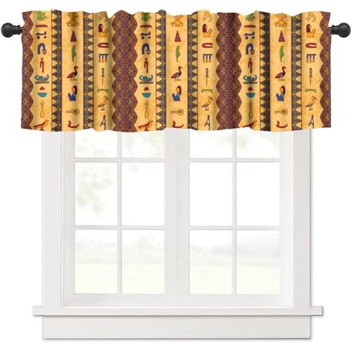 KANEPE Ancient Egypt Kitchen Valances Curtain Egyptian Hieroglyphs Floral Geometric Pattern Window Treatment Valances Short Curtains Rod Pocket Drape for Dining Room Home Bedroom Decor,54x18In