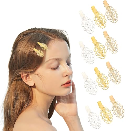 12 Pzs Pinzas Para El Cabello de Hierro en Forma de Flor Ovalada, con Diseño Retro de Flor Hueca y Patrón de Nube, Pinzas de Pato Elegantes en Plata, Oro y Cobre miniatura 1