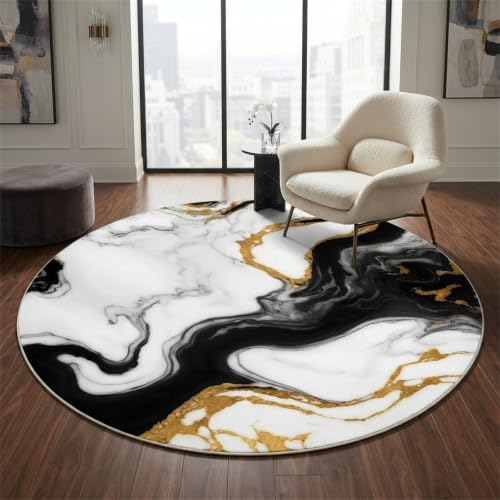 Unique Abstract Marble Texture Area Rug 6ft Round Rugs for Livingroom Bedroom Modern Black and White Gold Art Aesthetic Deco Circle Carpet Soft Non Slip Thin Washable Rug Nursery Dorm Floor Mat - Image 3