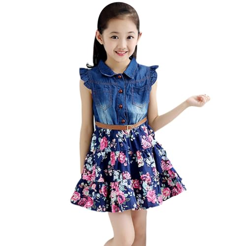 SoLu DAY8 Robe en Jean Fille 1-9 Ans Fleurie à Volants avec Ceinture Robe Denim sans Manche Enfant...