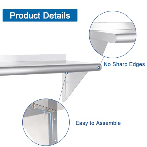 Image of HARDURA Stainless Steel Shelf 12 inch x 24 inch, 210lb Commercial Shelves Wall Mount Metal Shelving with Backsplash and Brackets for Kitchen, Restaurant, Laundry Room and Home