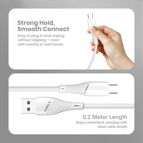 Image of AIBEX USB-A to Type-C 25 cm Powerbank Cable 3.4A Fast Charging & Data Sync Short Cord Compatible with Samsung, OnePlus, Xiaomi, Realme, Vivo, Oppo, Google Pixel, iPad, Tablets, Laptops, Travel (White)